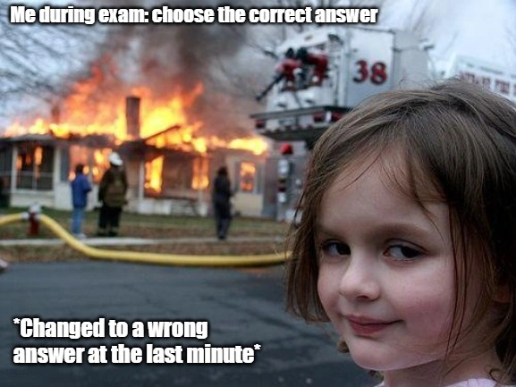 disaster girl meme about exam